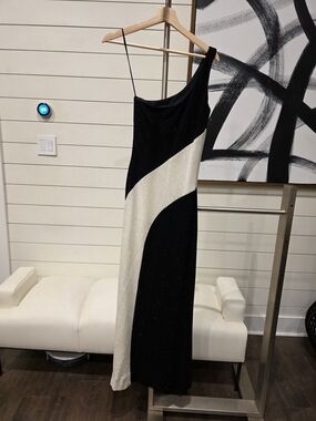 Bari Jay One-Shoulder Black and White Evening Gown